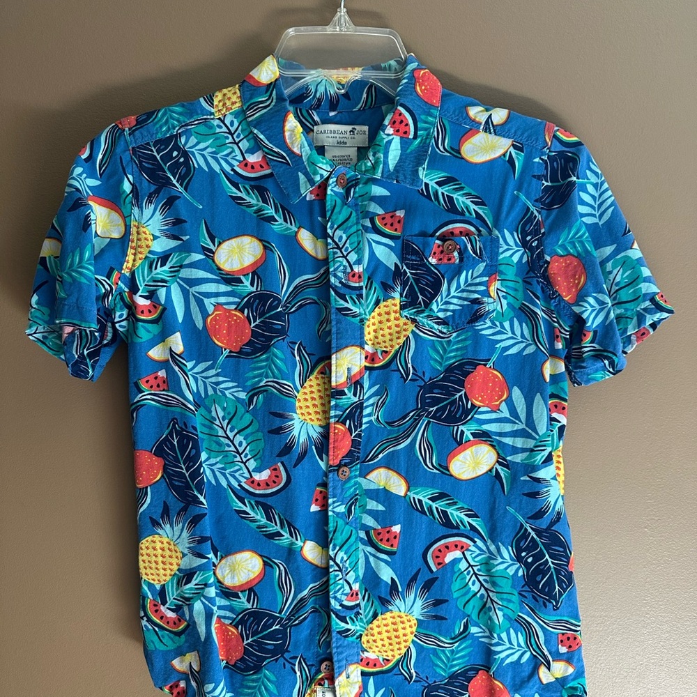 Boys’ Button Up Caribbean Joe Blue Tropical Fruit Print Shirt
